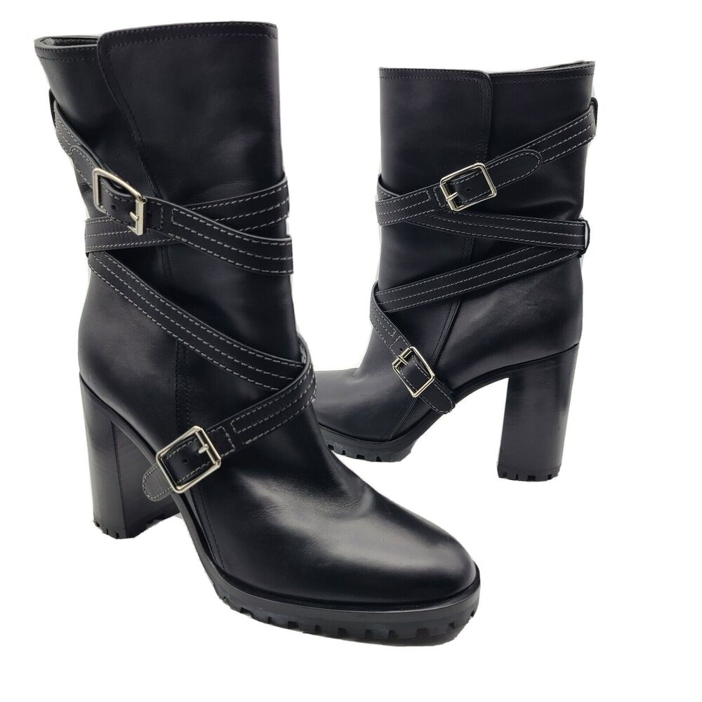 Gianvito Rossi booties Maren Black Leather Buckle heel belted Boots Sz 8.5 38.5